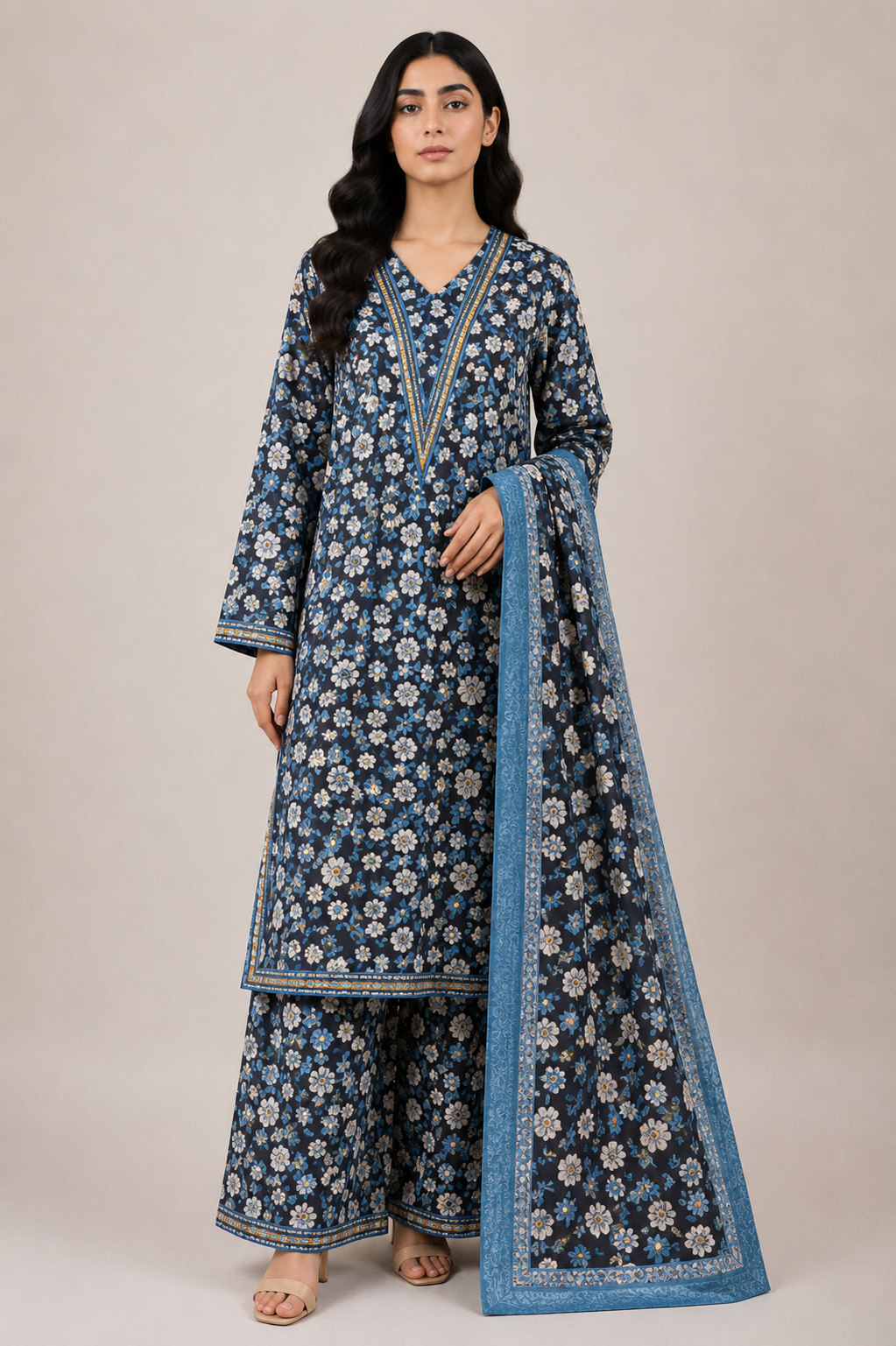 3 Piece Printed Lawn Suit for Women – Navy Blue Floral Design